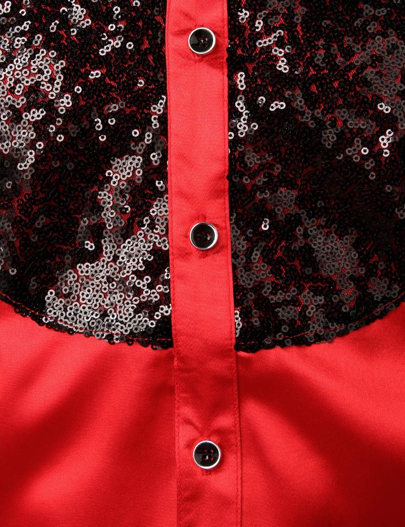 ZEROYAA Men's Shiny Sequins Design Silk Like Satin Button Up Disco Party Dress Shirts with Bow Tie ZLCL22-Red Black Medium - Image 4
